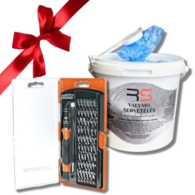 Rinkinys: RS EXTREME POWER drėgnos servetėlės su abrazyvu + profesionalus atsuktuvų rinkinys 57vnt, TRUPER JOY-57